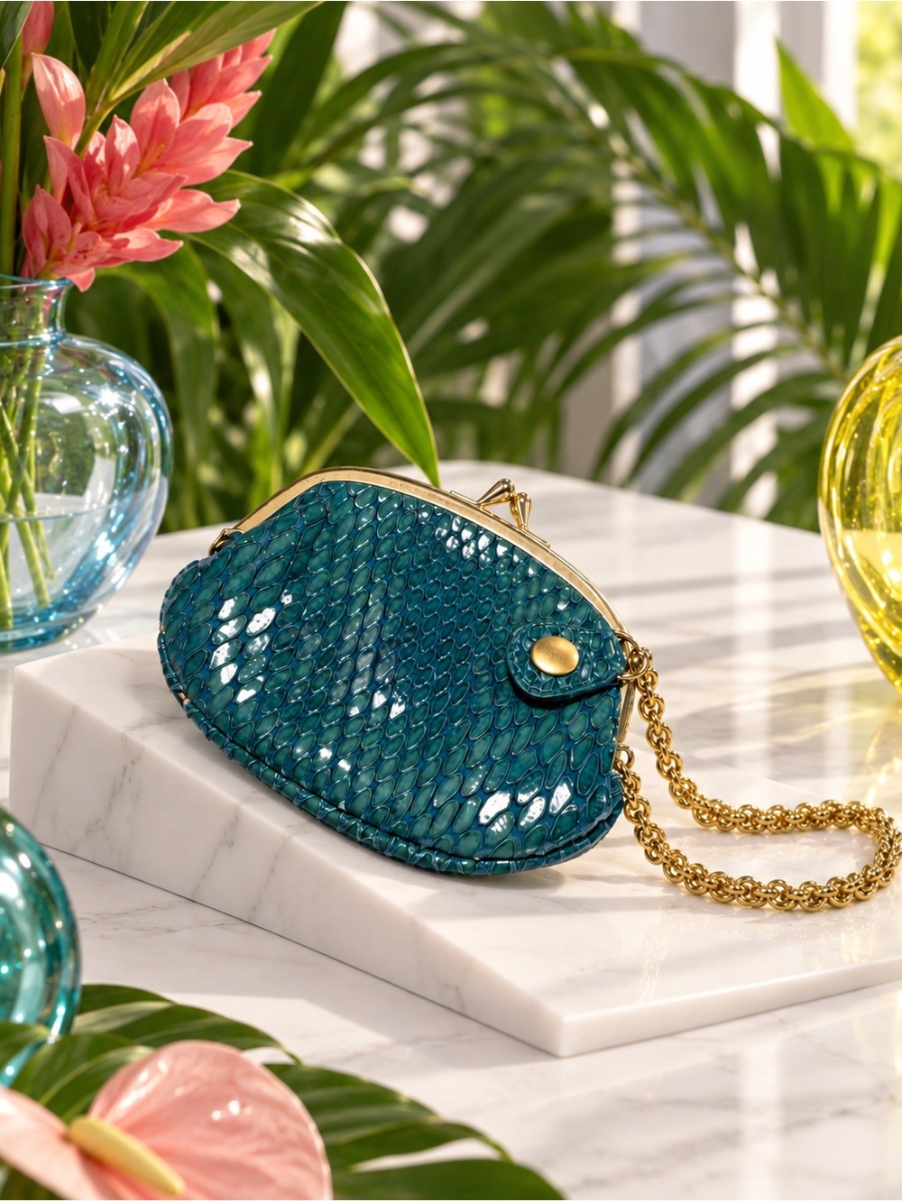 Vintage Teal Genuine Snakeskin Coin Purse with Gold Chain & Kiss-Lock Closure